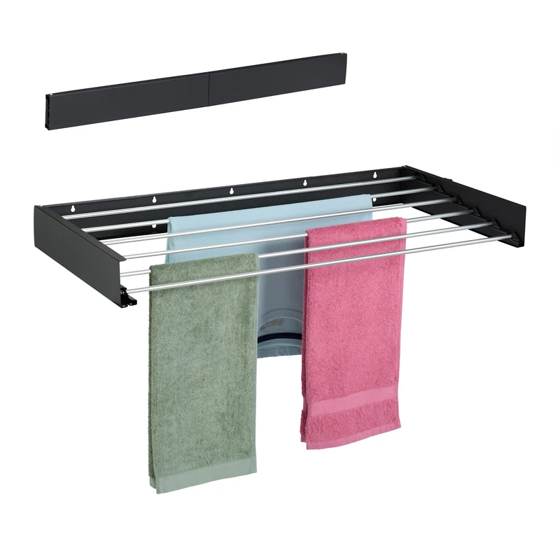 Relaxdays Wall-Mounted Clothes Airer, HWD: 15x100x50 cm, Folding, Laundry Rack, Indoor & Outdoor, Space-Saving, Black