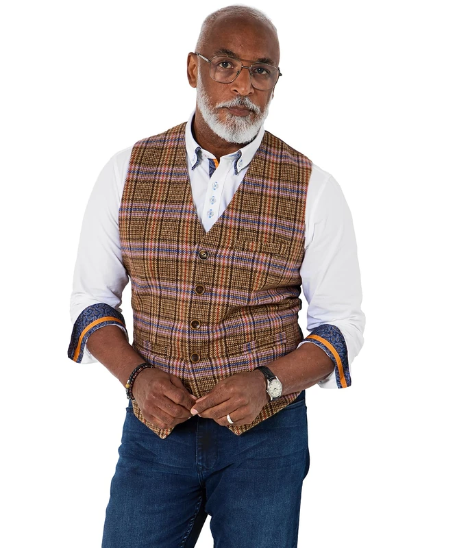 Joe Browns Men's Tailored Check Front Waistcoat Blazer, Brown/Lilac, 46