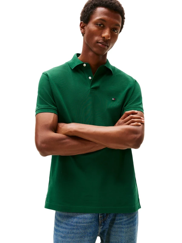Tommy Hilfiger Men's Short Sleeve Polo Shirts in Classic Fit with Stretch and Organic Pique Cotton, Ornamental Green, Medium