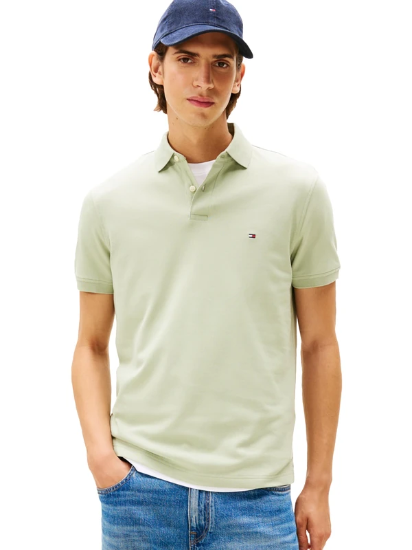 Tommy Hilfiger Men's Short Sleeve Polo Shirts in Regular Fit with Stretch and Organic Pique Cotton, Earth Sage, Large