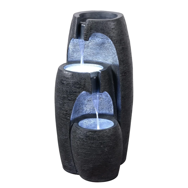 Teamson Home Garden Outdoor Water Feature Modern 3-Tier Cascading Urn Water Fountain With LED Lights Black