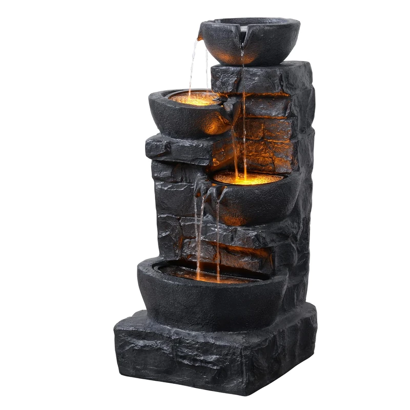 Teamson Home Garden Outdoor Water Feature 4 Tier Cascading Bowl Water Fountain With Warm LED Lights Dark Grey