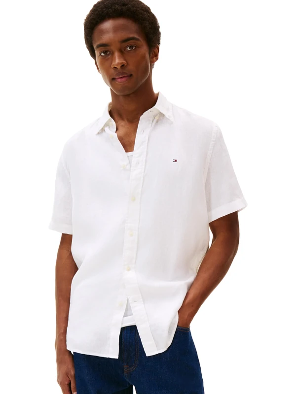 Tommy Hilfiger Men's Short Sleeve Casual Linen Button Down Shirts in Regular Fit Short Sleeve Casual Linen Shirts with Button Placket in Regular Fit, White/Opulent Garden, S