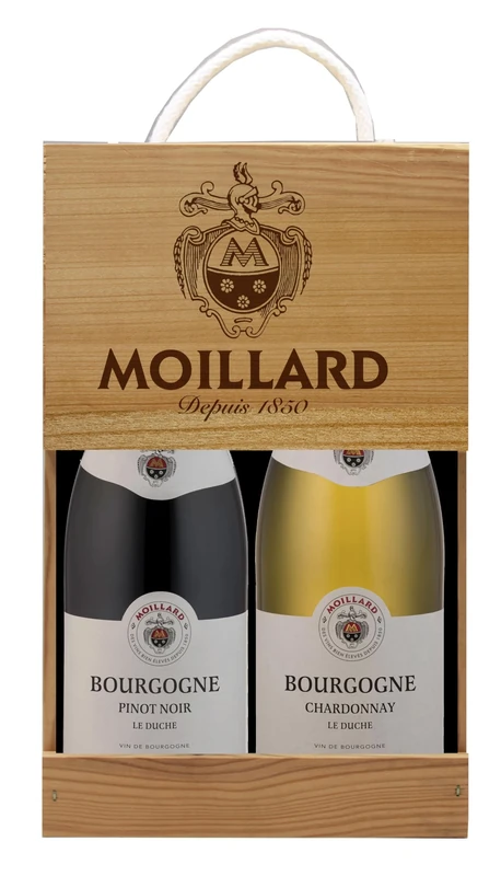 Moillard - Gift box Chardonnay and Pinot Noir, Burgundy red and white wines in wooden case (2 x 0.75L) (Pack of 6)
