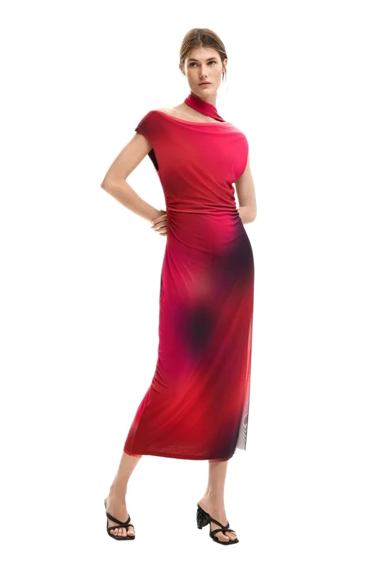 Desigual Maine Draped Chiffon Colourful Spotted Print Midi Dress 26SWVK19 Red
