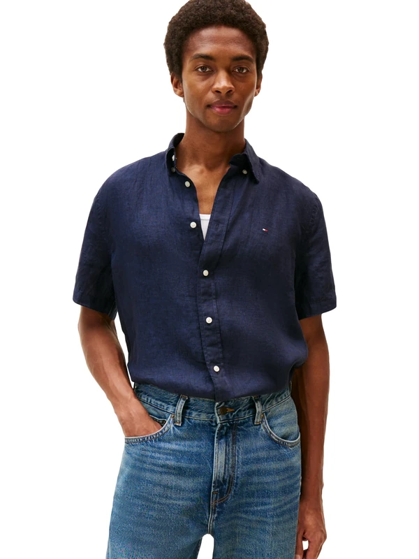 Tommy Hilfiger Men's Short Sleeve Casual Linen Button Down Shirts in Regular Fit, Desert Sky, XXL - Image 1