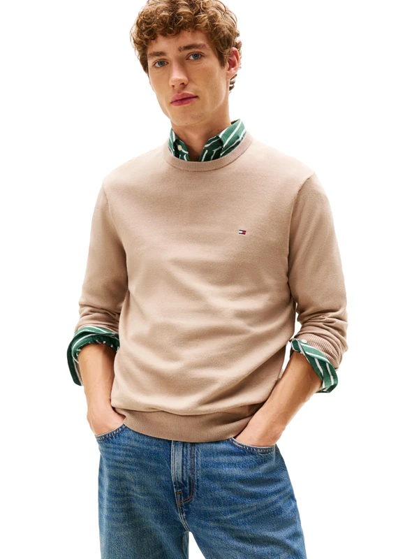 Tommy Hilfiger Men's Cotton Solid Crewneck Sweater Lightweight Pullover, Also Available in Big & Tall, Coastal Taupe, XL - Image 1