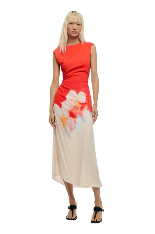 Desigual LIDA Sleeveless Two Tone Floral Midi Dress 26SWVW18 Orange