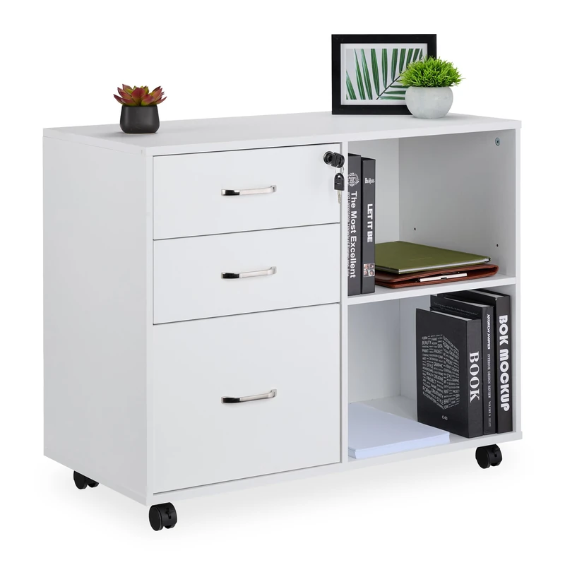 Relaxdays Mobile Filing Cabinet, 3 Drawers, 2 Shelves, HWD: 66 x 80 x 40 cm, 4 Wheels, Lockable, Office Storage, White