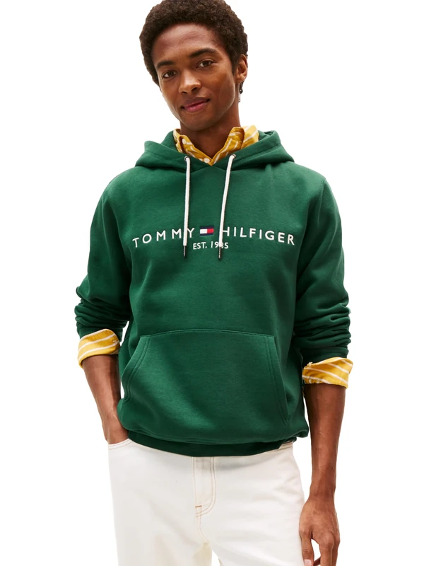 Tommy Hilfiger Men's Medium Weight Fleece Hoodie Sweatshirt with Embroidered Logo, Also Available in Big & Tall Hooded, Ornamental Green, L