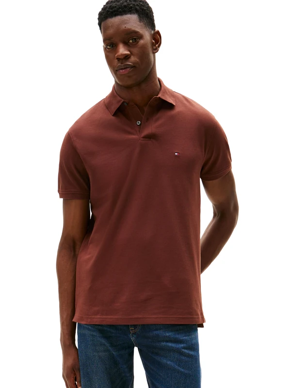 Tommy Hilfiger Men's Short Sleeve Polo Shirts in Classic Fit with Stretch and Organic Pique Cotton, Pure Brown, XXL