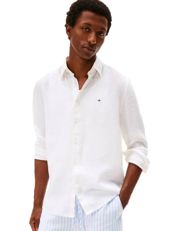 Tommy Hilfiger Men's Linen Shirt Long Sleeve Button Down Straight Cut, White/Opulento Garden, M