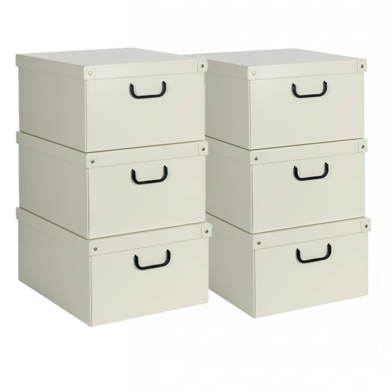 Lavatelli Collection Beige – Set of 6 Lidded Storage Boxes Cardboard Storage Bins with Lids & Handles, Stackable Wardrobe Organisers for Clothes – 39×50×24 cm (15.4×19.7×9.4 in)