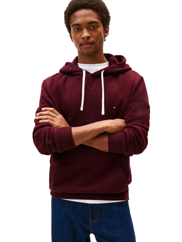 Tommy Hilfiger Men's Medium Weight Solid Fleece Hoodie Sweatshirt, Also Available in Big & Tall Hooded, Deep Burgundy, M