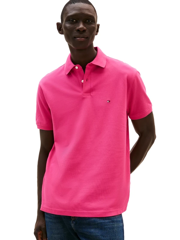 Tommy Hilfiger Men's Short Sleeve Polo Shirts in Classic Fit with Stretch and Organic Pique Cotton, Fashion Fuschia, Large