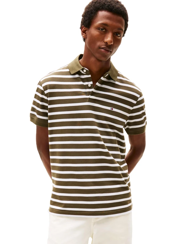 Tommy Hilfiger Men's Short Sleeve Polo Shirts in Classic Fit with Stretch and Organic Pique Cotton, Army Green/White, Large