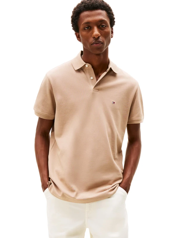 Tommy Hilfiger Men's Short Sleeve Polo Shirts in Classic Fit with Stretch and Organic Pique Cotton, Coastal Taupe, Medium - Image 1