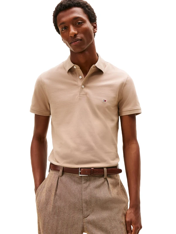 Tommy Hilfiger Men's Short Sleeve Polo Shirts in Slim Fit with Stretch and Organic Pique Cotton, Coastal Taupe, S