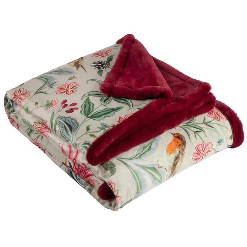 furn. Wylder Beatrice Throw – Faux Fur Floral Print Velvet Blanket with Robin Motif (Multicolour - 130x180cm)