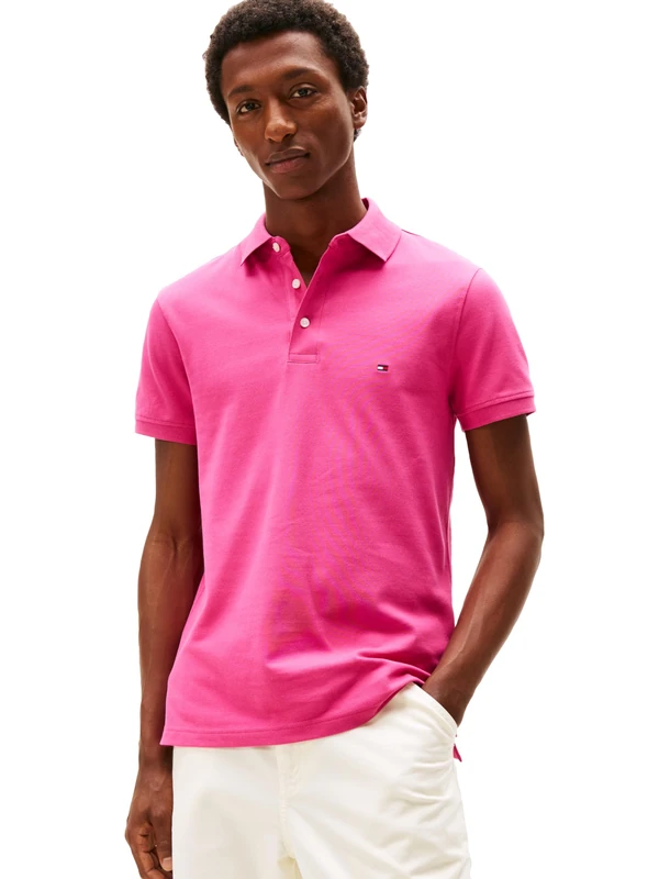 Tommy Hilfiger Men's Short Sleeve Polo Shirts in Slim Fit with Stretch and Organic Pique Cotton, Fashion Fuschia, Medium