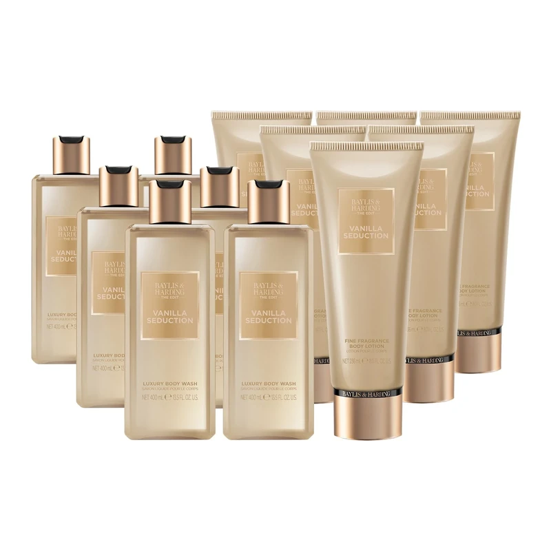 Baylis & Harding The Edit Vanilla Seduction Bundle: 6 x 400 ml Body Wash & 6 x 236 ml Body Lotion (12 Bottles) - Vegan Friendly