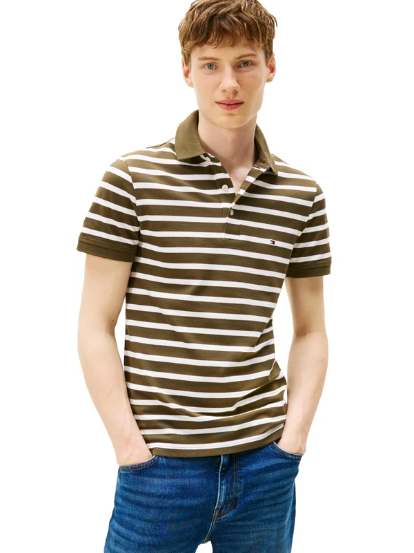 Tommy Hilfiger Men's Short Sleeve Polo Shirts in Slim Fit with Stretch and Organic Pique Cotton, Army Green/White, Large