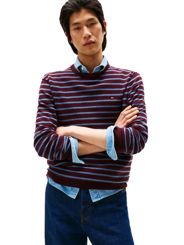 Tommy Hilfiger Men's Cotton Solid Crewneck Sweater Lightweight Pullover, Also Available in Big & Tall, Deep Burgundy/Petrol Blue Heather, XL