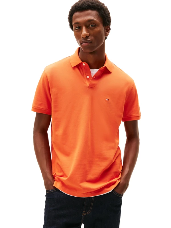 Tommy Hilfiger Men's Short Sleeve Polo Shirts in Classic Fit with Stretch and Organic Pique Cotton, Brilliant Orange, XL