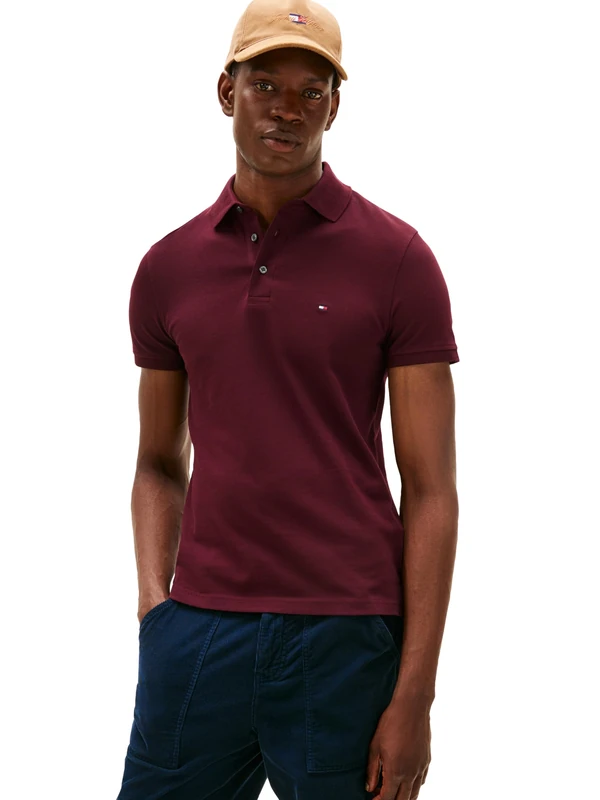 Tommy Hilfiger Men's Short Sleeve Polo Shirts in Slim Fit with Stretch and Organic Pique Cotton, Deep Burgundy, XL