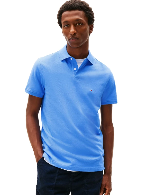 Tommy Hilfiger Men's Short Sleeve Polo Shirts in Regular Fit with Stretch and Organic Pique Cotton, Blue Spell, Medium