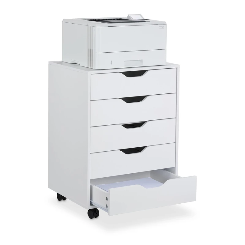 Relaxdays Mobile File Cabinet, 5 Drawers, 66.5 x 48 x 39.5 cm, Office & Study Storage, Rolling Document Container, White, 10% plastic 90% fibreboard