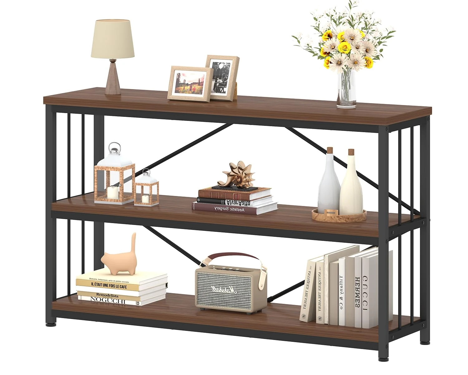 IBF 3-tier Industrial Bookshelf, Wood and Metal Horizontal Shelves Rustic Low Wide Bookcase with Large Open Storage, Farmhouse Simple Display Shelf for Home Office Living Room Kitchen, Walnut, 47 Inch