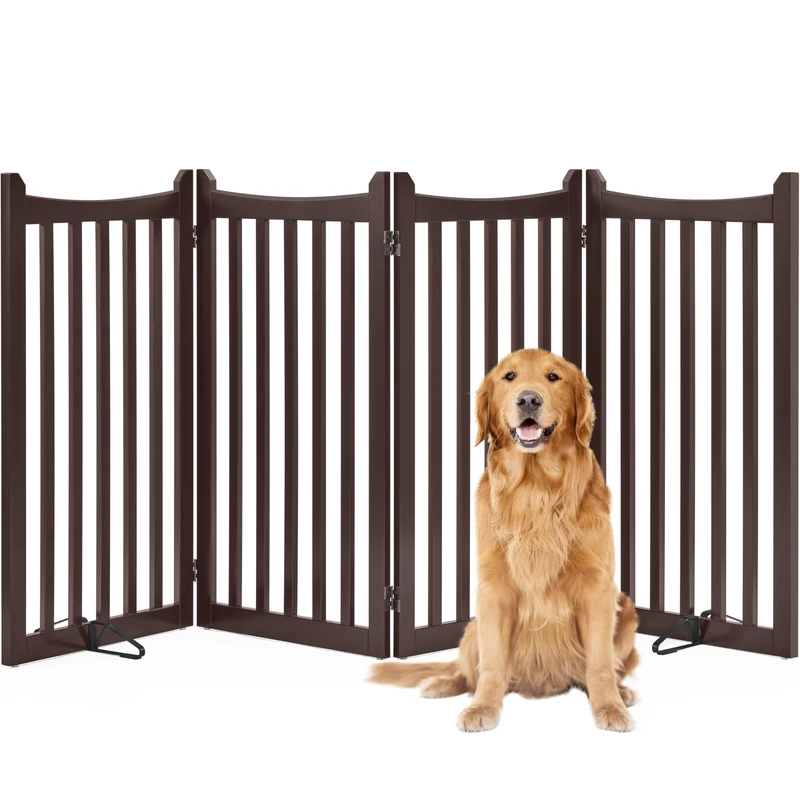 Yaheetech Freestanding Pet Gate Indoor 4-Panel Wooden Stair Gate for Small and Medium Dogs, Foldable Dog Fence with 2 Support Feet,Pets Door for Doorways/Stairs/Halls/Kitchen (91cmH, Espresso)