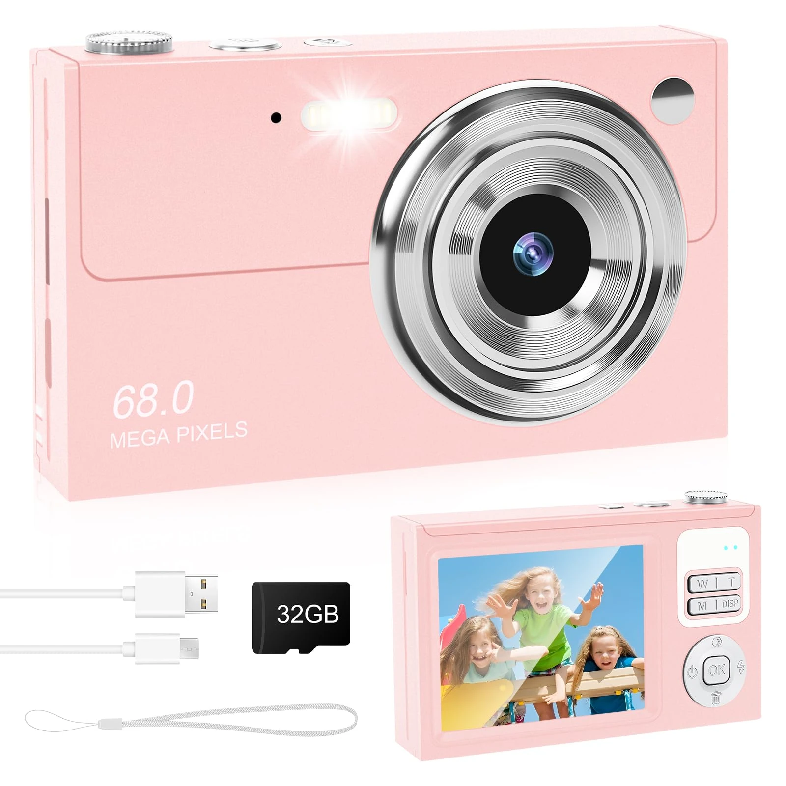 Digital Camera - 68MP Autofocus with 2.8" LCD Screen 16X Digital Zoom Anti-Shake Photography Vlogging Compact Photo Camera with 32gb SD Card for Kids Students Beginners Teens (All Pink)
