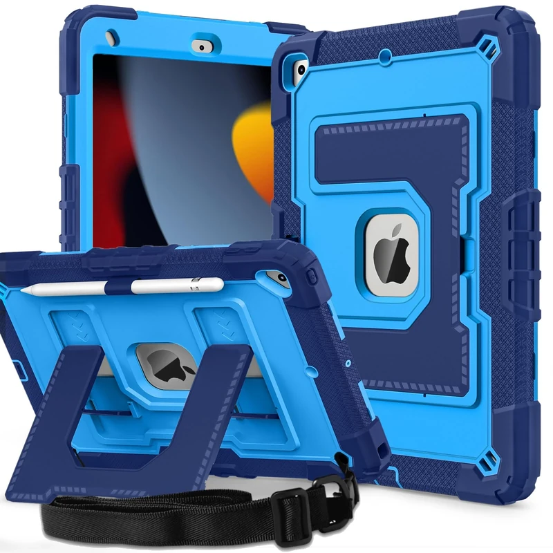 Ovenoe for iPad 9th/8th/7th Generation 10.2 Case 2021/2020/2019, Rugged Shockproof Kids Case with Built-in Stand/Hand Strap, Pen Holder for iPad 10.2 Inch, Navy Blue + Blue