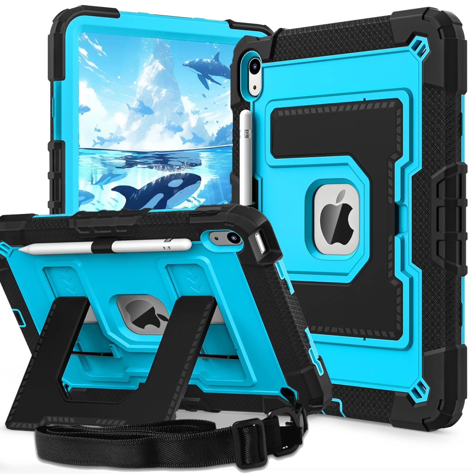 Ovenoe Kids Case for iPad (A16) 11th Generation 11" / iPad 10th Generation 10.9" (2025/2022), with Shoulder Strap, Fully-Body Rugged Shockproof Case with Built-in Stand for Boys & Girls, Black+Blue