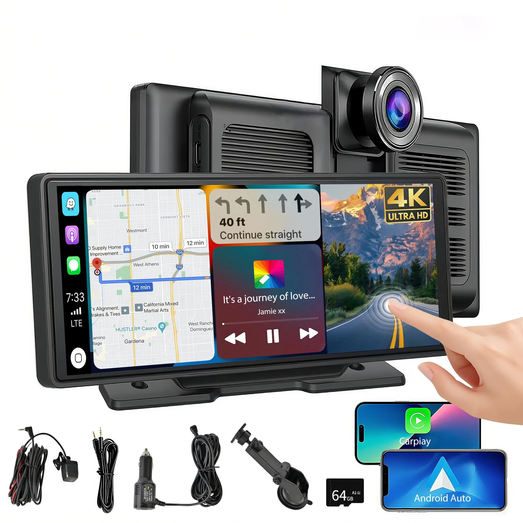 IGEAIIE 10.26" Wireless Car Tablet, Apple Carplay screen for car with 4K Front Dash Cam & 1080P Rear Camera, HD 2025 Car Play Android Auto Screen with Bluetooth/GPS/Mirror Link/64G TF/AUX