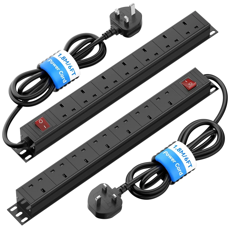 2-pack, Extension Lead Surge Protection 7 Way Power Strip with Switch, Multi Plug Socket Horizontal 13amp PDU Power Distribution Unit, Rack Mount Power Outlets Wall Mount Power Strip, 1,8M Cable