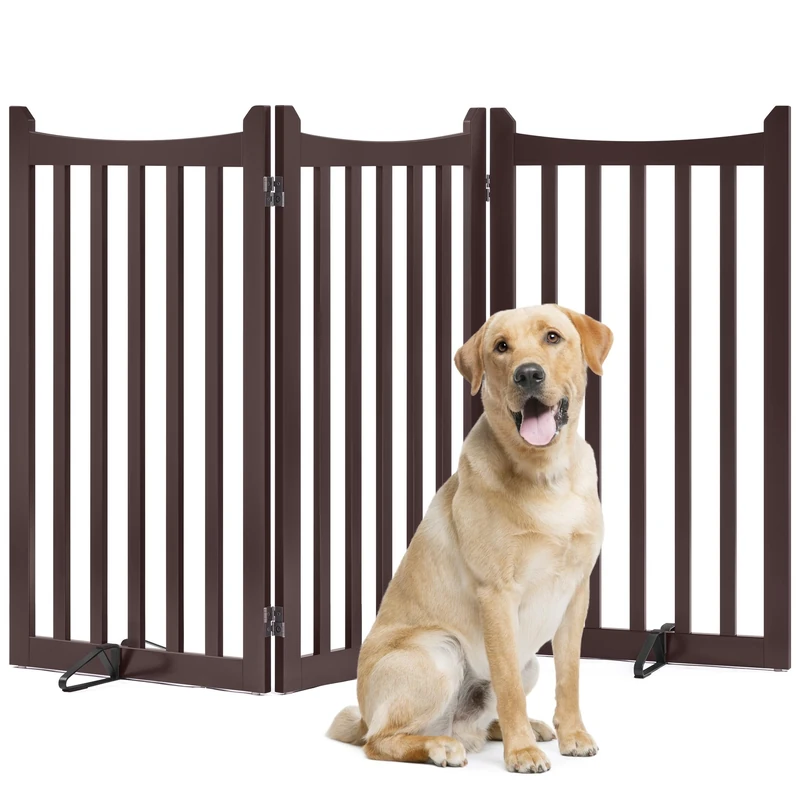 Yaheetech Freestanding Pet Gate Indoor 3-Panel Wooden Dog Gates for Small Medium Dogs, Foldable Puppy Fence with 2 Support Feet, Pets Door for Doorways/Stairs/Halls/Kitchen (Espresso,91cm H X 152cm L) - Image 1