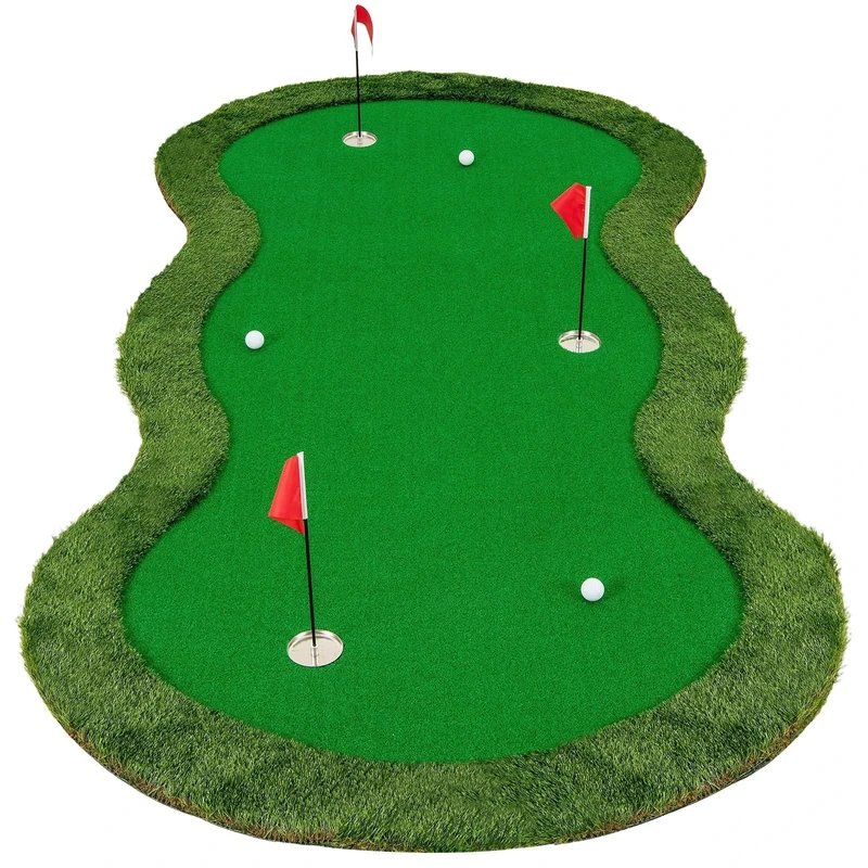 FANTASK Foldable Practice Mat with Artificial Grass, 300 cm Golf Putting Mat with Artificial Grass, Golf Balls, 3 Holes, 3 Flags & Putting Cups for Home