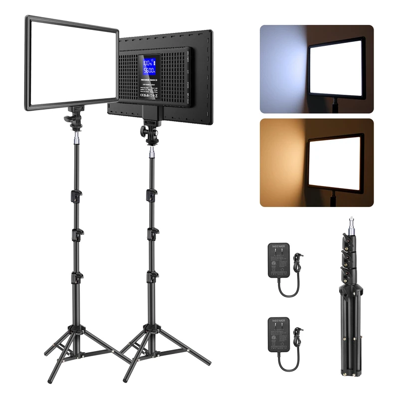 NEEWER BASICS 13" LED Video Light Panel, 2 Pack Studio Lighting Kit with Tripod Stands, Bi Color Photo Key Light for Streaming Photography Podcast Recording, 2400Lux 3200-5600K CRI97+ 8000mAh, NL-192B