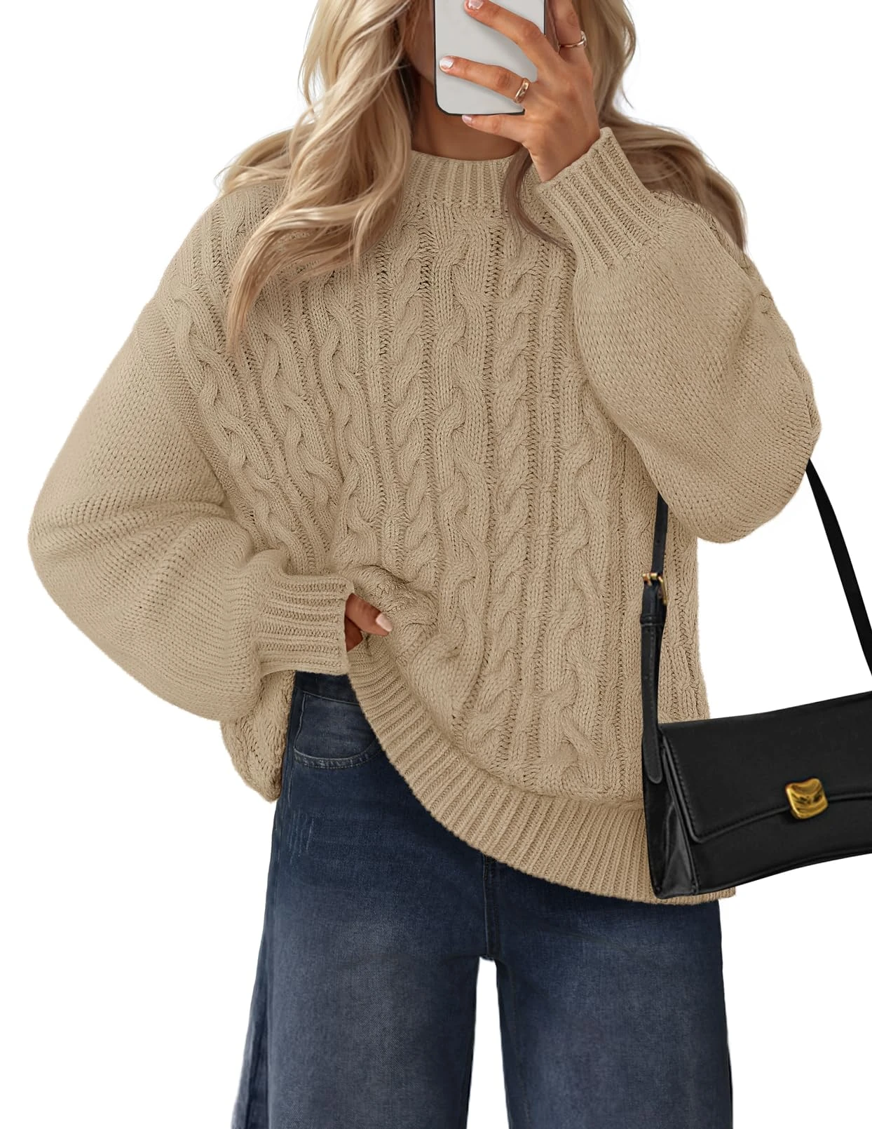 MEROKEETY Chunky Sweaters for Women Trendy 2025 Fall Cable Knit Long Sleeve Solid Crewneck Casual Pullover Tops, Sand, XL