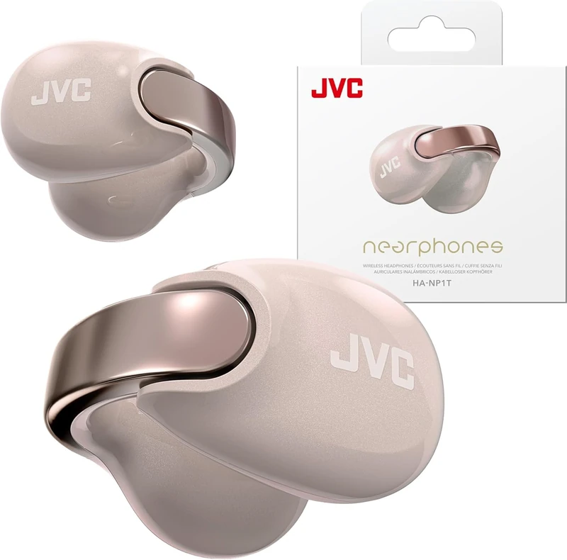 JVC nearphones Earcuff style Wireless earphones with shiny arch, Comfortable fit, Multipoint connection, Bluetooth 5.3, 24H Battery Life - HA-NP1T-PN (Pearl Edition Sand Peach)