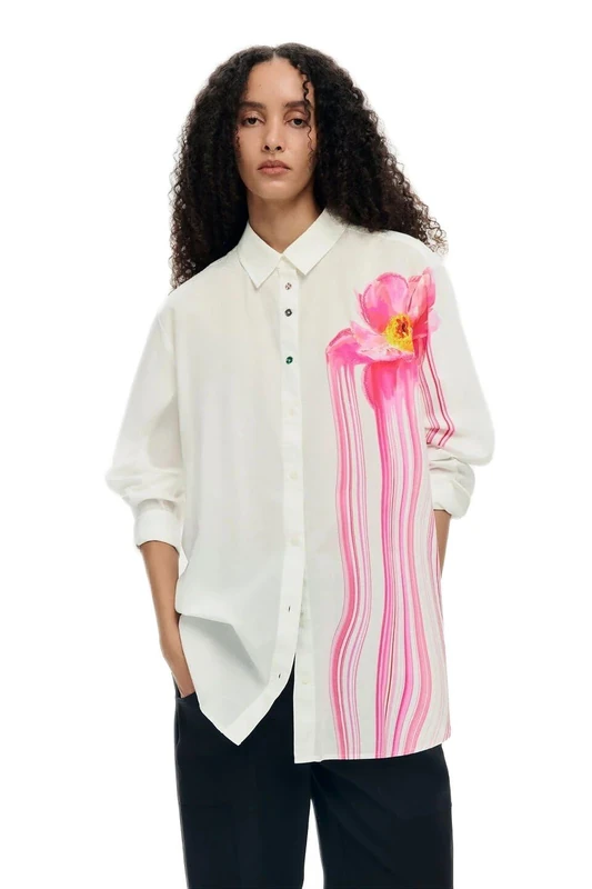 Desigual Oversized Large Flower Print Shirt Style Gloss 26SWCW18 White - Image 1