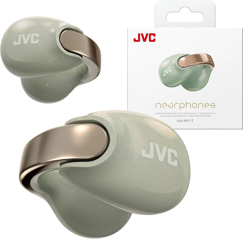 JVC nearphones Earcuff style Wireless earphones with shiny arch, Comfortable fit, Multipoint connection, Bluetooth 5.3, 24H Battery Life - HA-NP1T-GN (Pearl Edition Salty Olive)