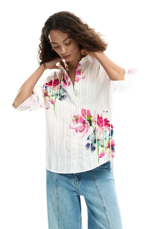 Desigual College Colourful Floral Pleated Shirt 26SWCW11 White