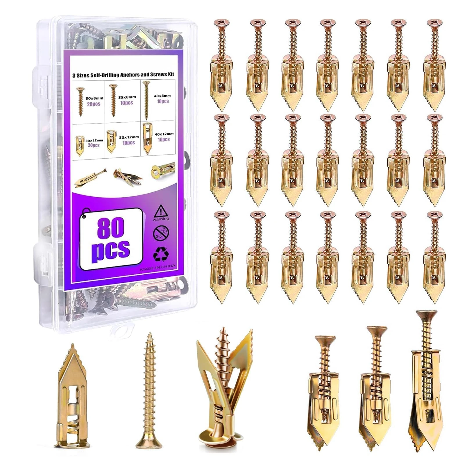 80Pcs Self Drilling Drywall Anchors with Screws Kit, 3 Sizes Heavy Duty Dry Wall Anchor Screw Set, No Drill and Holes in Wall, Expansion Fixings for Plaster Board Wall Fixing (40 Anchors + 40 Screws)