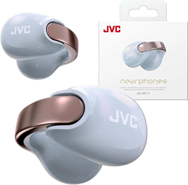 JVC nearphones Earcuff style Wireless earphones with shiny arch, Comfortable fit, Multipoint connection, Bluetooth 5.3, 24H Battery Life - HA-NP1T-AN (Pearl Edition Eternal Blue)