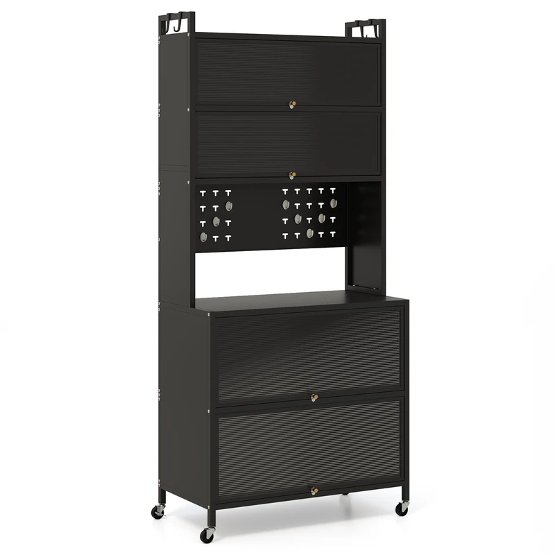 GiantexUK Kitchen Cupboard on Wheels, 6 Tier Bakers Rack Microwave Stand with Translucent Flip Doors, Pegboard & Hooks, Freestanding Pantry Cabinet for Dining Living Room