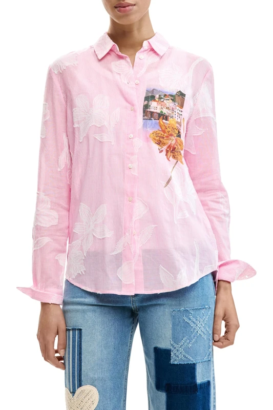 Desigual Floral and Postcard Detail Pinkjac Shirt 26SWCW12 Red - Image 1